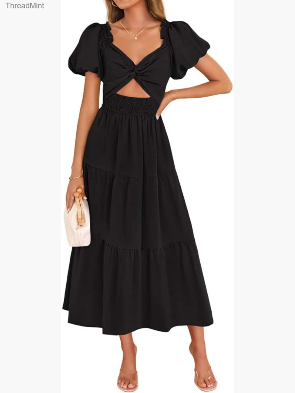 Summer Casual Maxi Dress with Puff Sleeves Smocked Cutout A-Line
